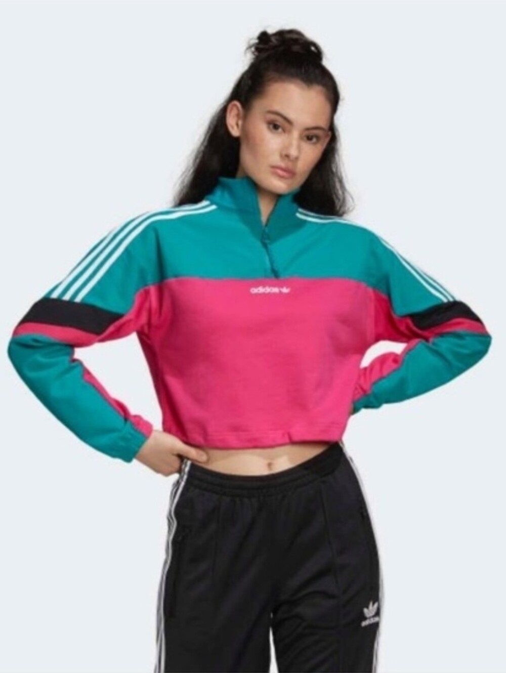 Adidas Colorblock Cropped 1/4 Zip Pullover Sweatshirt Medium